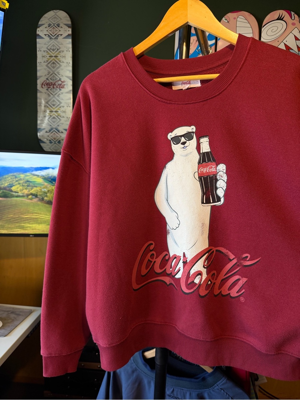 Coca Cola Vintage Brick Red Polar Bear Holding Drink Graphic Crewneck Sweatshirt